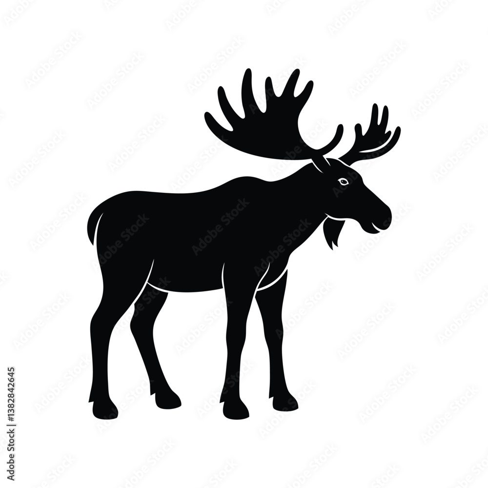 Fototapeta premium A black moose silhouette vector illustration depicts a wild mammal with antlers isolated on white.