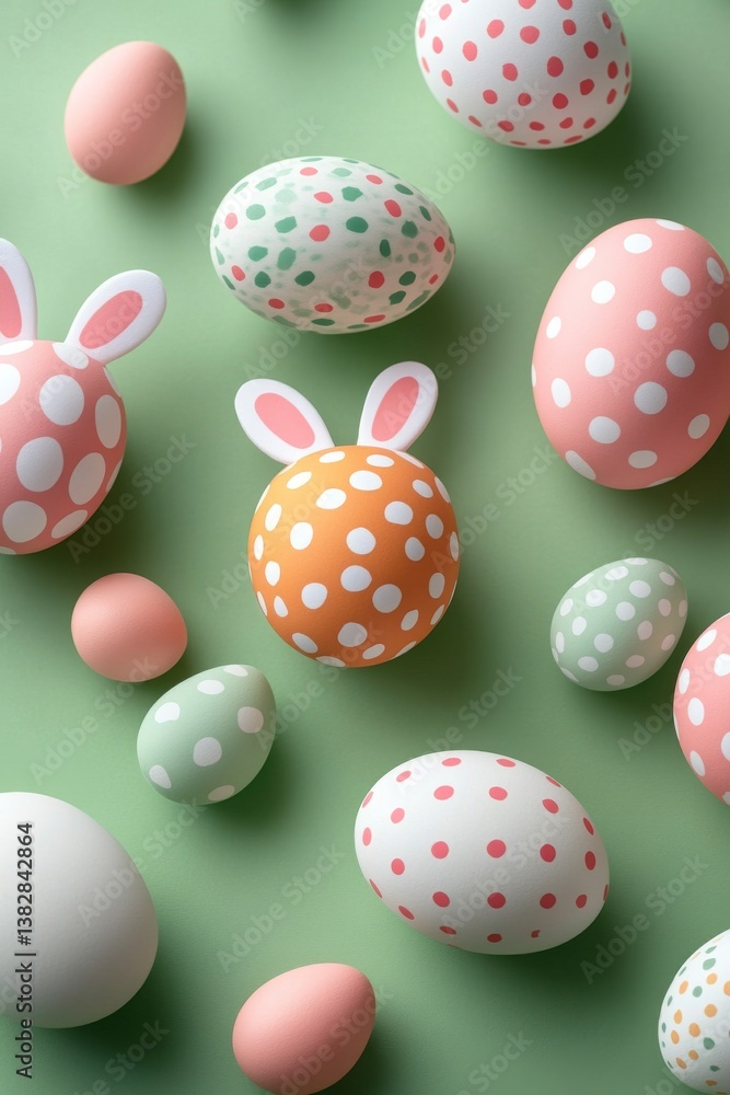 Vertical Easter eggs with varied designs and bunny ears, placed on a vibrant green surface Vertical Easter eggs with varied designs and bunny ears, placed on a vibrant green surface