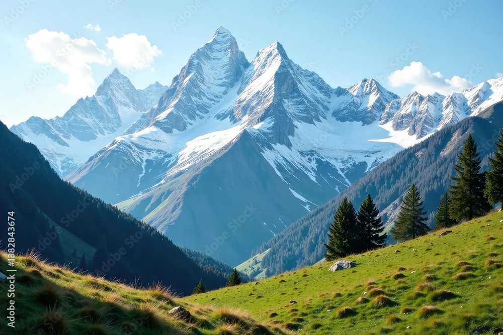 Obraz premium A serene mountain landscape with snow-capped peaks and a few trees, nature, calm, silence