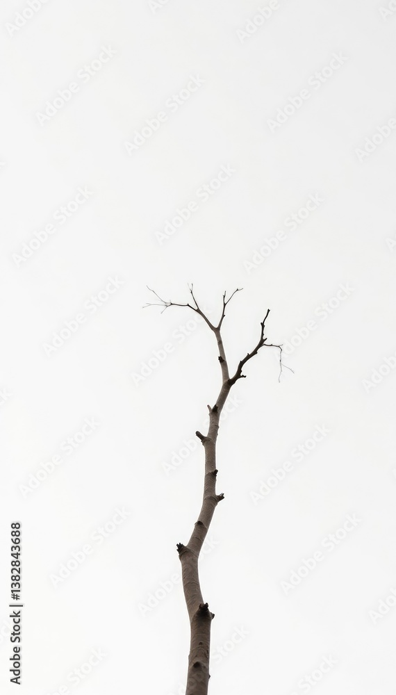 Fototapeta premium A single bare branch against a white backdrop, bark, branch, nature