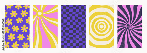 Abstract Groovy backgrounds. Set of psychedelic retro patterns. Trendy twisted and checkered vector texture in abstract y2k style. Vector graphic for posters and art prints.