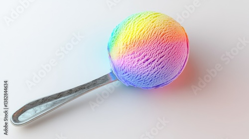 A fresh 3D close-up of a rainbow sherbet ice cream scoop, placed on a white background with negative space