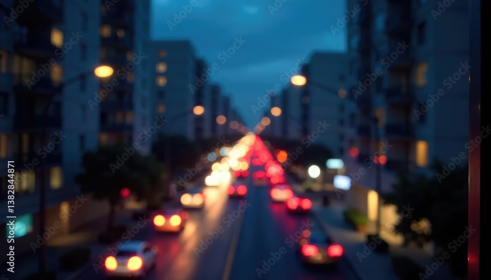 Fototapeta premium Blurred city lights, single lit window at night, illuminated, metropolitan, peaceful