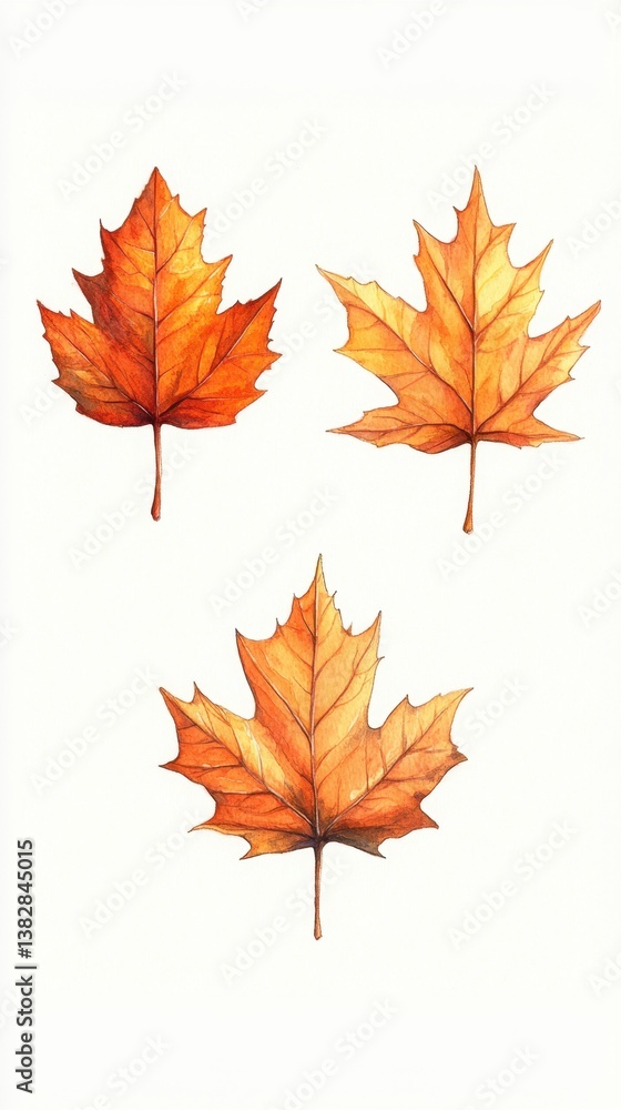 Fototapeta premium Watercolor illustration of three vibrant maple leaves on a white background capturing the essence of autumn foliage in a botanical style
