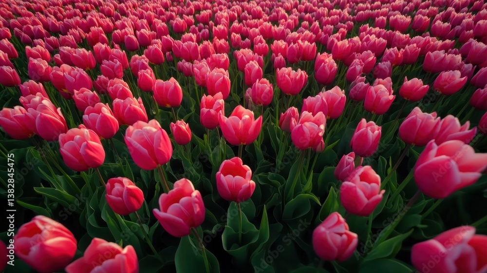 Vibrant Pink Tulip Field Blooming in Spring Season Sunlight
