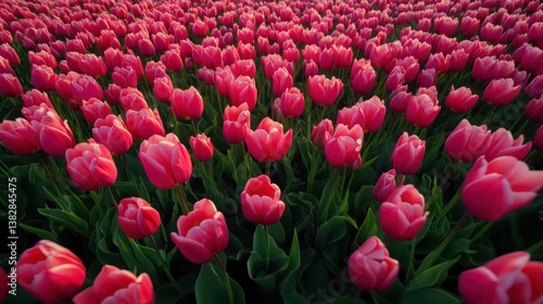 Vibrant Pink Tulip Field Blooming in Spring Season Sunlight