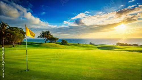 Oceanside Golf Course Fairway with Yellow Flag - Sunny Day Candid Photo