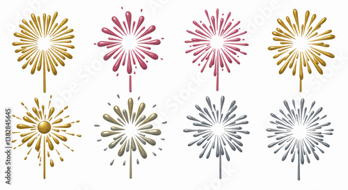 A vibrant and dynamic paint splash, with a high degree of saturation and contrast. The background is pure white. Twelve illustrations of fireworks, drawn in metallic gold and silver tones. Vector 