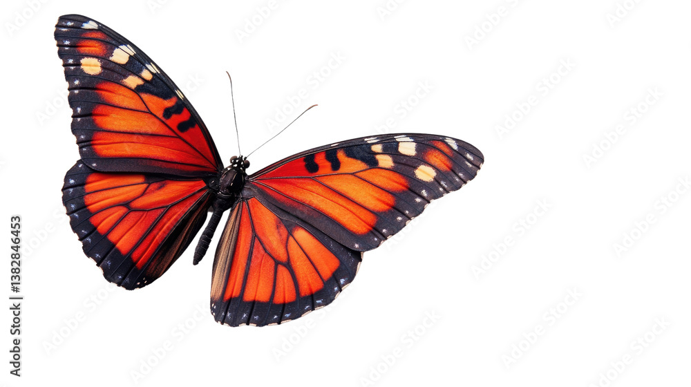 Obraz premium Majestic Monarch: A vibrant monarch butterfly gracefully displays its intricate wing patterns, showcasing the delicate beauty of nature in stunning detail. 