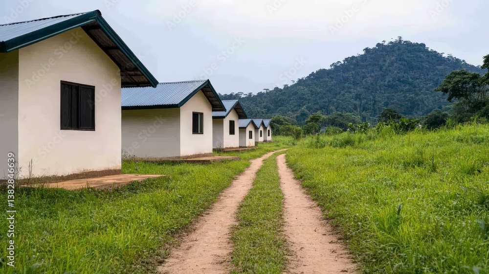 Fototapeta premium Affordable Housing Development in Rural Community with Scenic Landscape and Pathway
