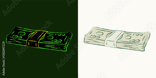 Lying stack of 100 dollar bills. Cash money. Outline contour icon. Single isolated object. Grunge style. Neon fluorescent green color. Perspective side view