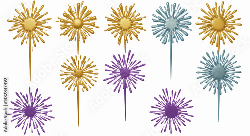 A vibrant and dynamic splash of paint, the background is pure white, providing maximum contrast for the colorful paint. Twelve fireworks illustrations, drawn in metallic gold and silver tones. Vector 