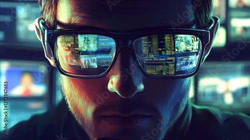 Man Wearing Glasses Reflecting Computer Screens Displaying Data and Information