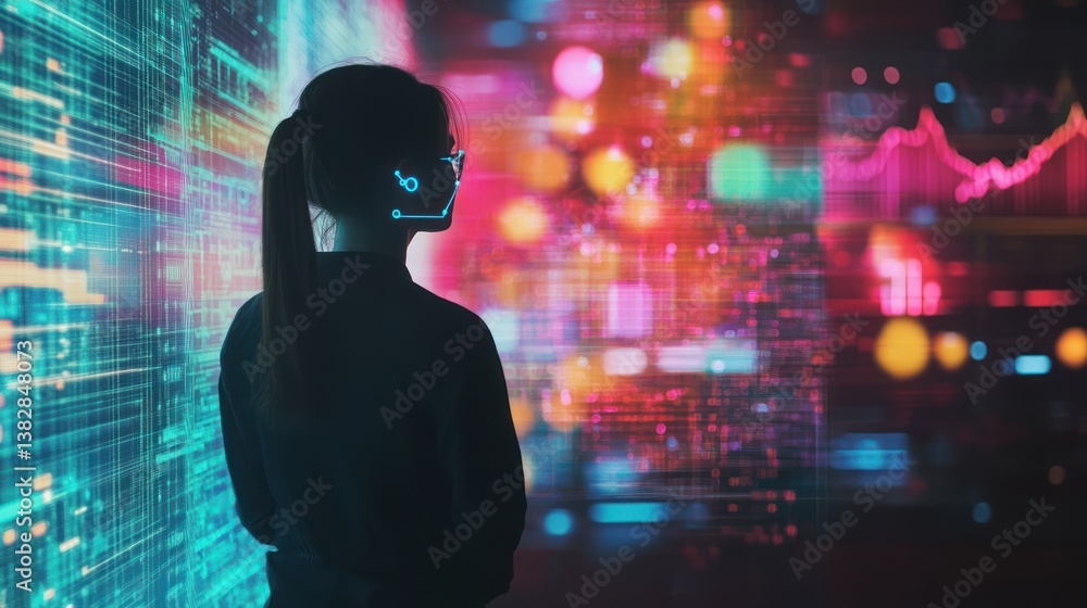 Woman Viewing Data Stream Technology Interface with Cyberpunk Futuristic Elements