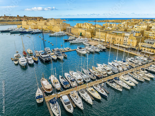 Marina with yachts, boats. Birgu city, Maltese island