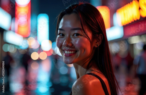 Wallpaper Mural smiling woman stands in vibrant city street filled with neon lights at night. urban nightlife concept. lifestyle candid portrait of young attractive asian girl Torontodigital.ca