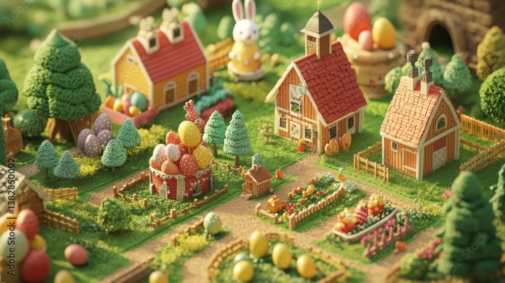 Exploring Easter Miniature Village Scene with Houses and Decorated Eggs