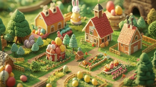Obraz na płótnie Exploring Easter Miniature Village Scene with Houses and Decorated Eggs w salonie
