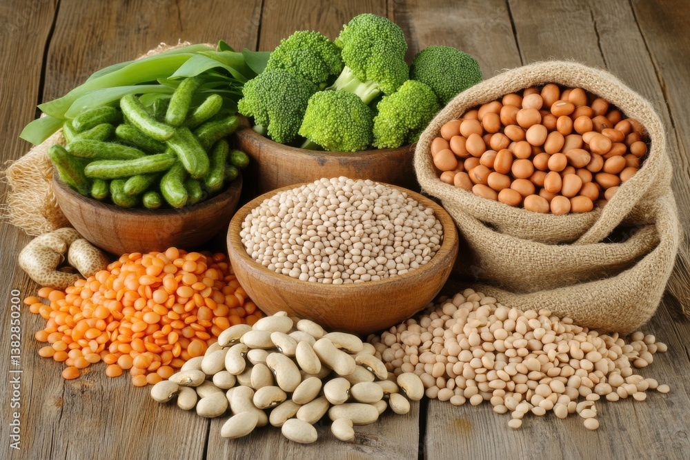 Obraz premium Abundance of Nutritious Legumes and Vegetables: A Rustic Display of Dietary Diversity