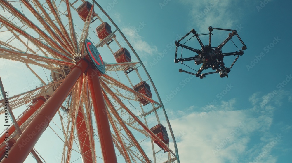 Ferris Wheel with Drone Flying in Blue Sky Entertainment Scene