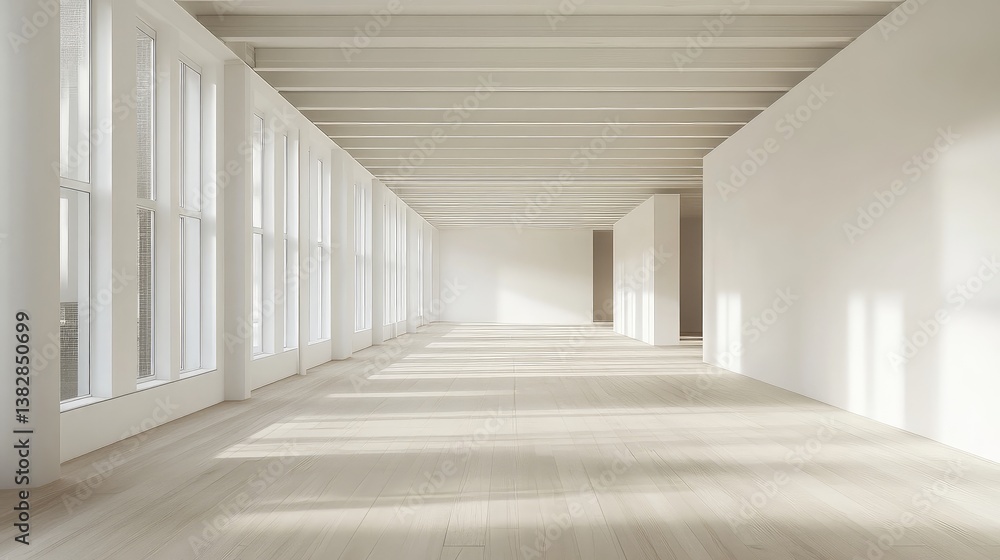 A large, open-plan room with minimalist white walls and a seamless ceiling, illuminated by natural daylight. A large, open-plan room with minimalist white walls and a seamless ceiling, illuminated by natural daylight.