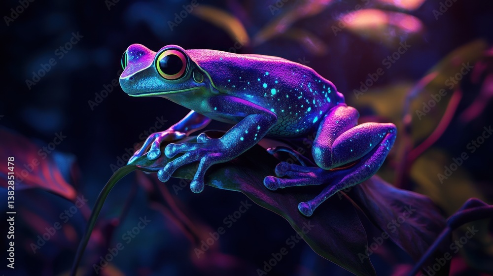 Vibrant Frog Sitting on Leaf with Neon Glowing Color Effects