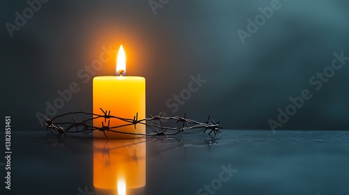A reflective Holocaust Remembrance Day background featuring a single lit candle and barbed wire against a solemn dark gray gradient, macro shot, Minimalist style