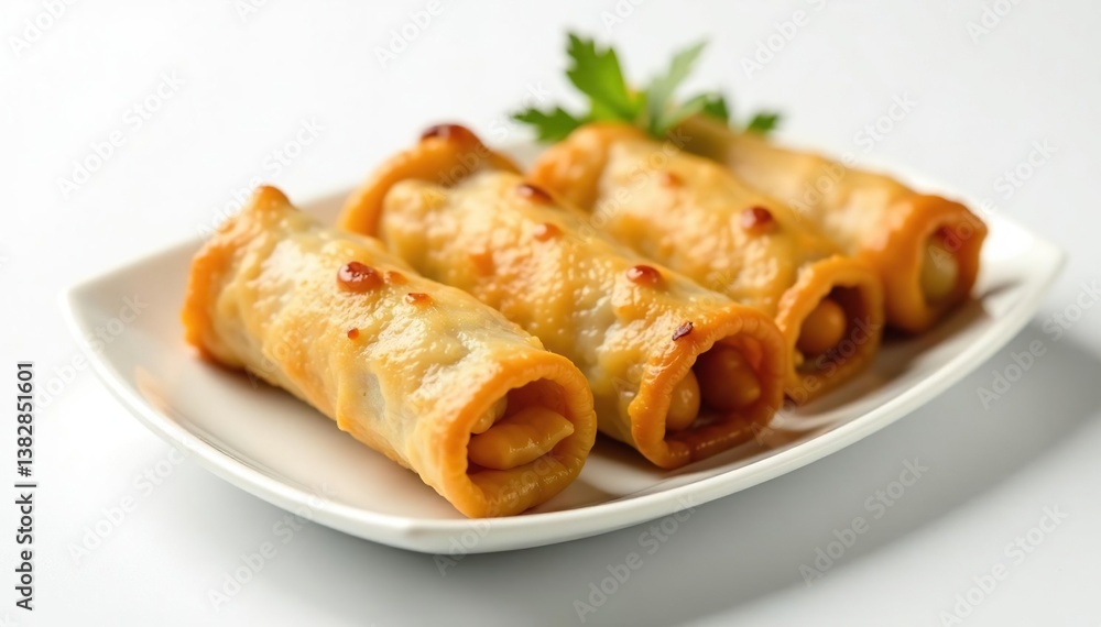 Crispy spring rolls, elegantly arranged, pure white backdrop , vegetable, white background Crispy spring rolls, elegantly arranged, pure white backdrop , vegetable, white background