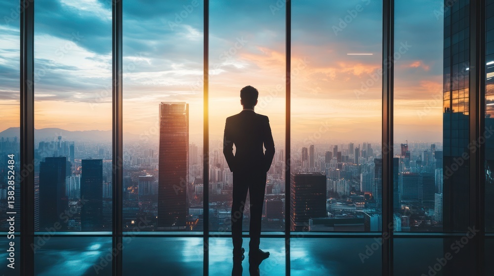 Man in Suit Contemplating Cityscape From Office Window During Sunset