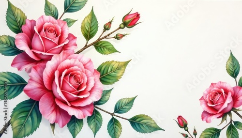 Intricate watercolor roses, lush leaves, soft hues, stylish, wallpaper