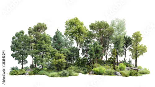 forest with different trees isolated on white background , transparent png