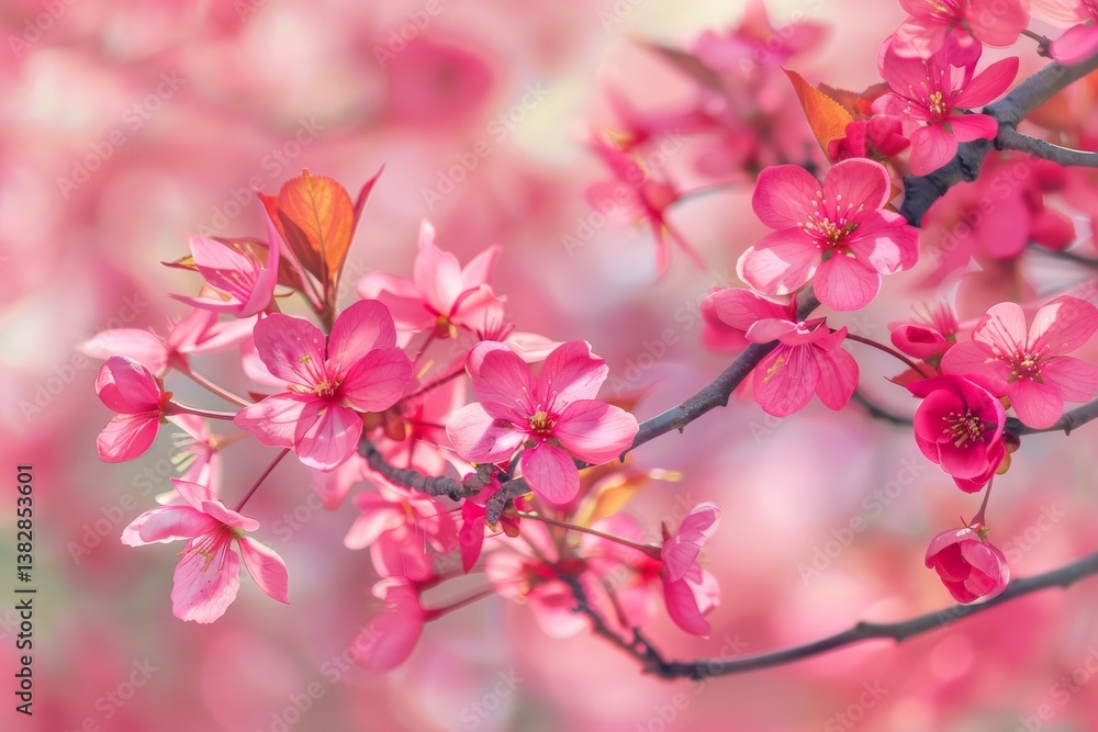 Vibrant pink cherry blossoms blooming in spring sunlight create a picturesque scene in a tranquil garden setting Vibrant pink cherry blossoms blooming in spring sunlight create a picturesque scene in a tranquil garden setting