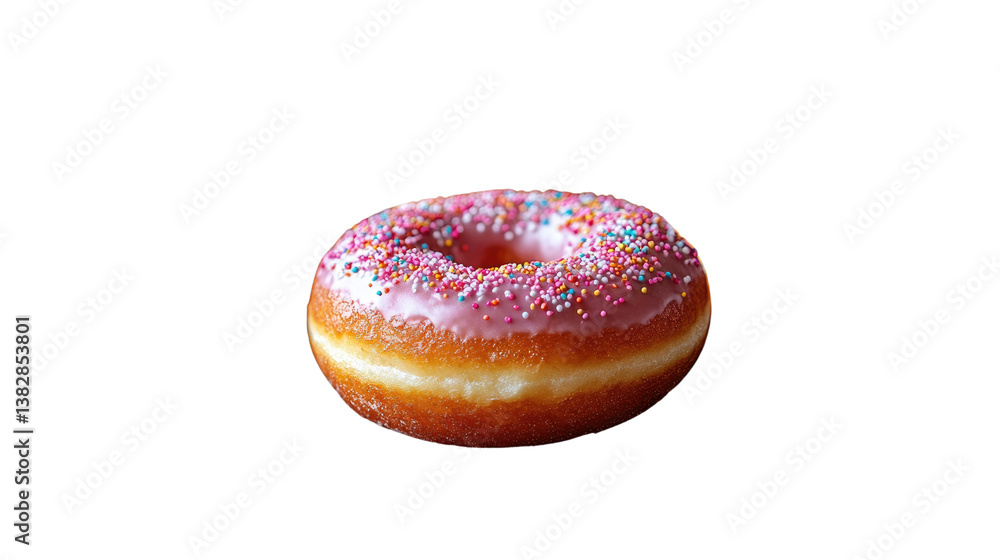 Sweet Temptation: A single donut, boasting a vibrant pink glaze and playful sprinkles, presents a tantalizing treat that evokes moments of indulgence and pure, simple happiness.