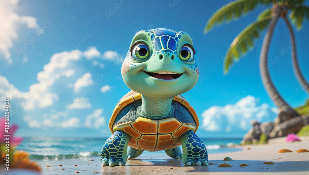 Naklejka premium AI-generated images of a storybook character, 3D animation-style, cute, playful baby Turtle 