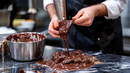 Obraz na płótnie Chef Preparing Chocolate Dessert Pouring Molten Chocolate Onto Table w salonie
