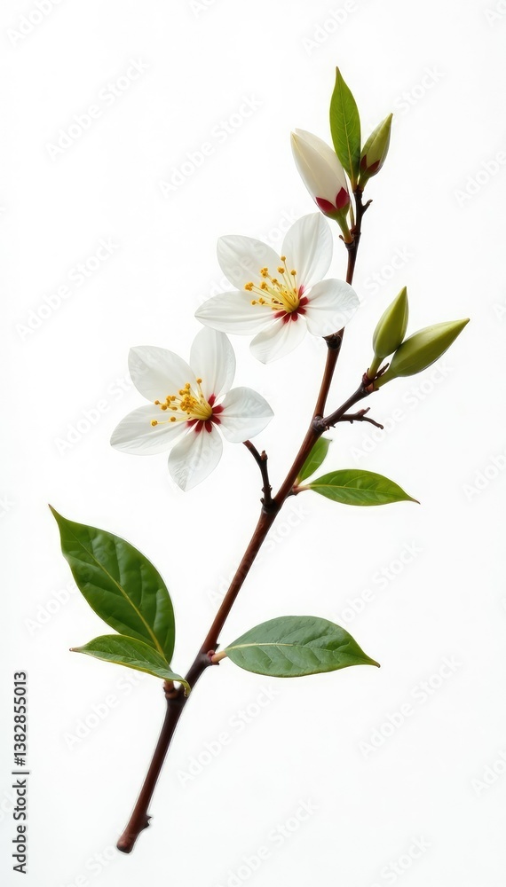 Obraz premium Single branch with delicate leaves isolated on white background, minimalist, flowers