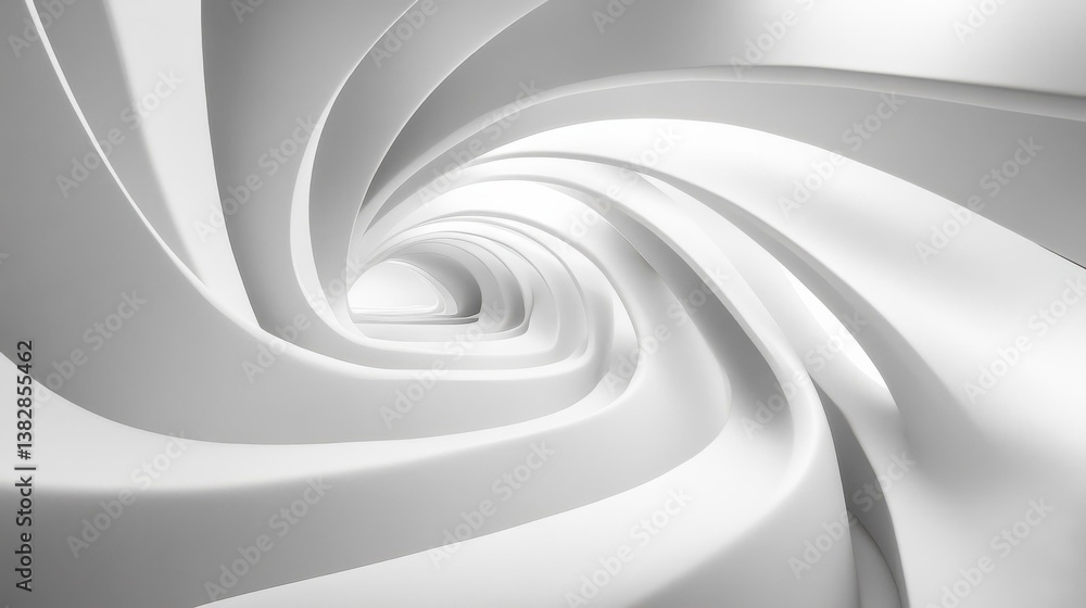 Abstract white spiral tunnel design with smooth curves, flowing shapes and subtle shadows for modern architecture or digital art projects Abstract white spiral tunnel design with smooth curves, flowing shapes and subtle shadows for modern architecture or digital art projects