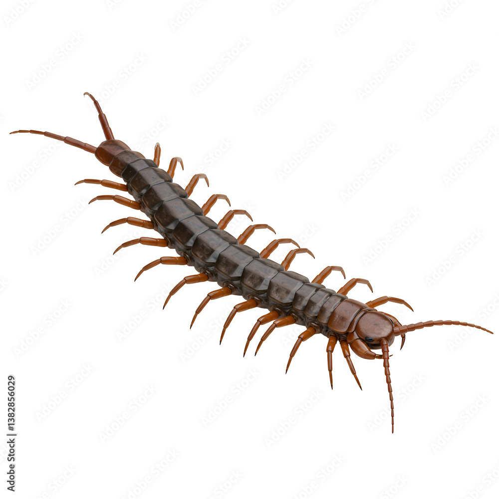 Centipede with Segmented Body and Numerous Legs Crawling on White Background Centipede with Segmented Body and Numerous Legs Crawling on White Background