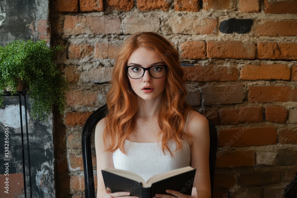 Young woman engrossed in reading a captivating book in an inviting indoor setting with a brick wall backdrop Young woman engrossed in reading a captivating book in an inviting indoor setting with a brick wall backdrop