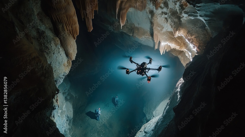 Drone Flying in Underwater Cave System with Divers Exploring Nearby