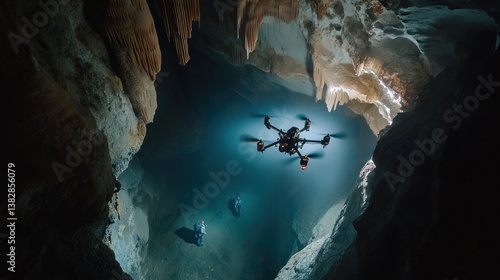 Obraz na płótnie Drone Flying in Underwater Cave System with Divers Exploring Nearby w salonie