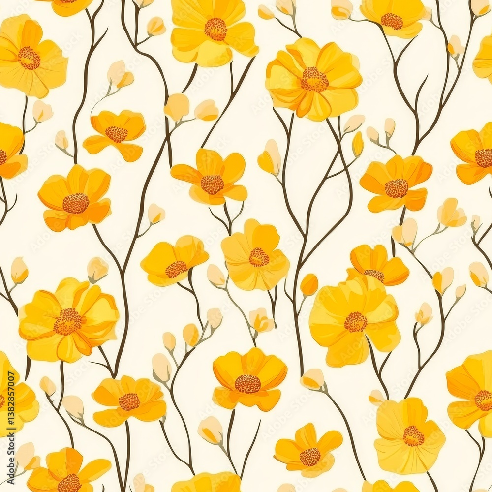 Seamless Pattern of Vibrant Yellow Flowers and Buds on a Soft Cream Background Seamless Pattern of Vibrant Yellow Flowers and Buds on a Soft Cream Background