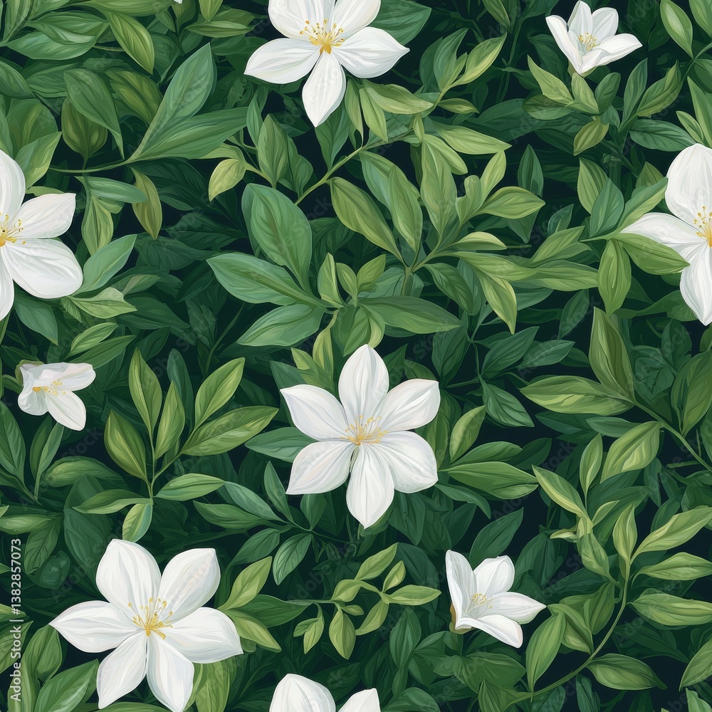 Seamless Pattern of White Flowers Surrounded by Lush Green Leaves in a Vibrant Botanical Design Seamless Pattern of White Flowers Surrounded by Lush Green Leaves in a Vibrant Botanical Design