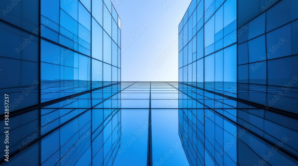 Abstract geometric view of modern architecture with blue glass facade reflecting the sky in symmetrical patterns Abstract geometric view of modern architecture with blue glass facade reflecting the sky in symmetrical patterns