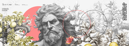 A painting with ancient Greek gods. Antique style. Vector banner. Sculptures of gods on the background of orchards. Vectorized watercolor paintings for the interior.