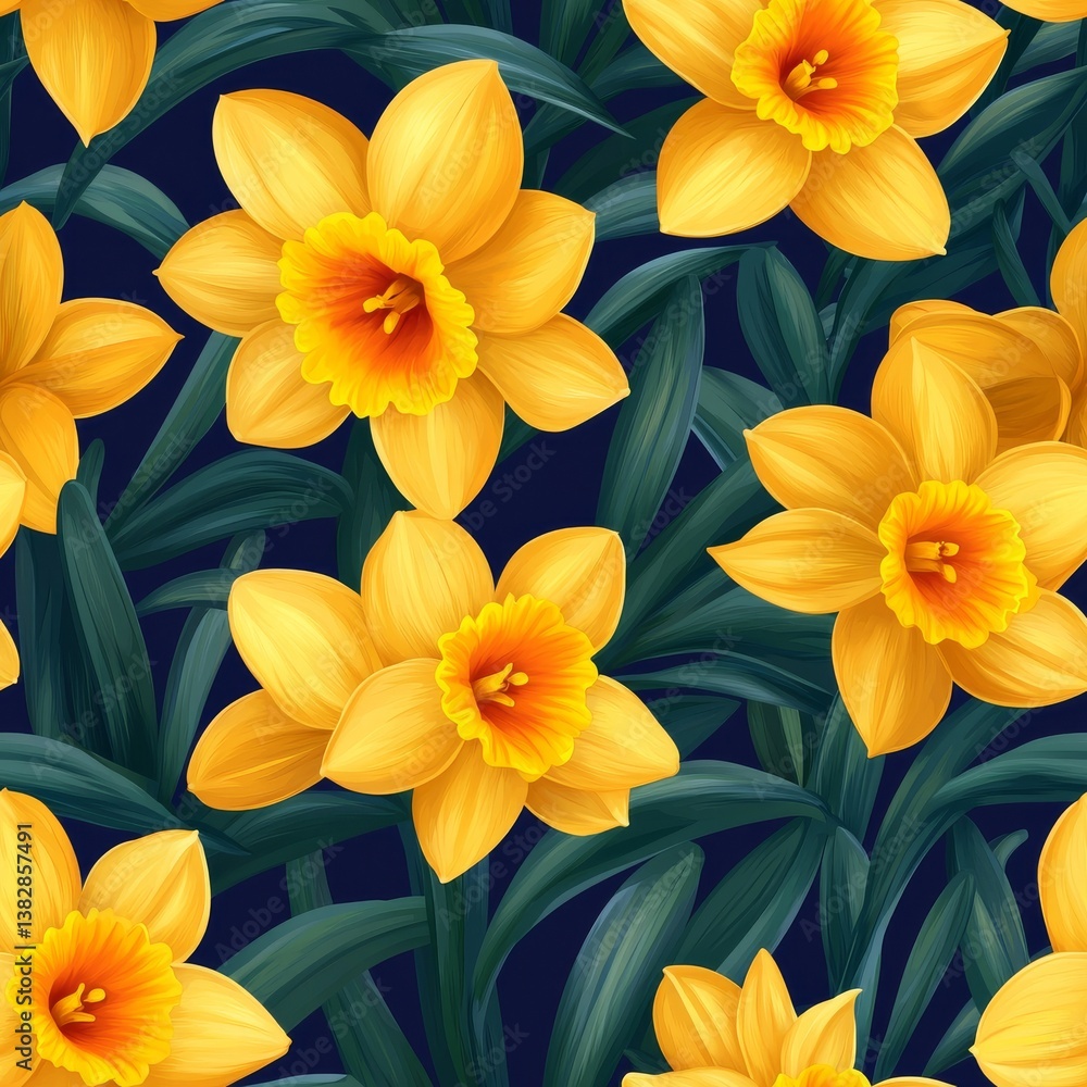 Vibrant Seamless Pattern Featuring Bright Yellow Daffodils Surrounded by Lush Green Leaves on a Dark Background Vibrant Seamless Pattern Featuring Bright Yellow Daffodils Surrounded by Lush Green Leaves on a Dark Background