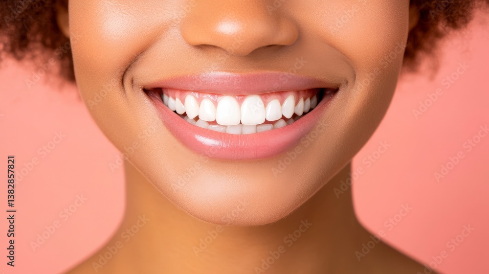 Joyful Close-Up of Person Smiling Brightly with Eyes Sparkling Against a Soft Pink Background Joyful Close-Up of Person Smiling Brightly with Eyes Sparkling Against a Soft Pink Background