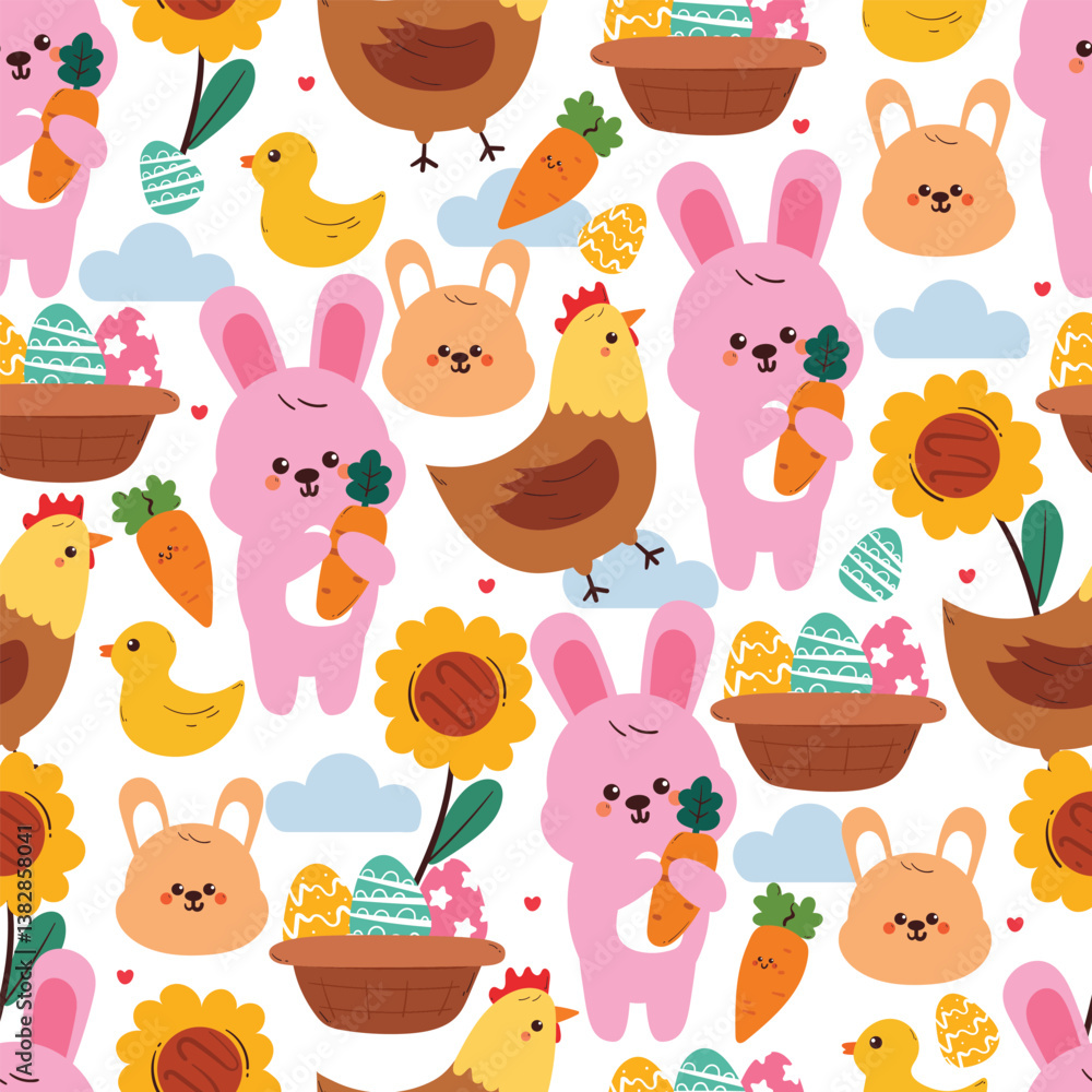 Naklejka premium seamless pattern cute cartoon bunny and chicken with basket of easter egg. cute easter wallpaper, pattern, background