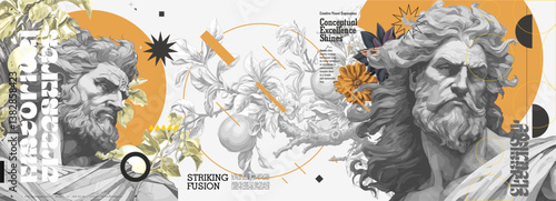 A painting with ancient Greek gods. Antique style. Vector banner. Sculptures of gods on the background of orchards. Vectorized watercolor paintings for the interior.