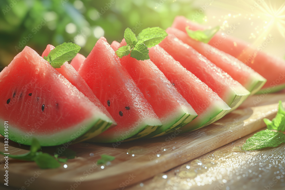 Freshly cut watermelon slices on a wooden board